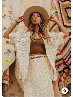Cream Crochet Open-Front Poncho Shrug by